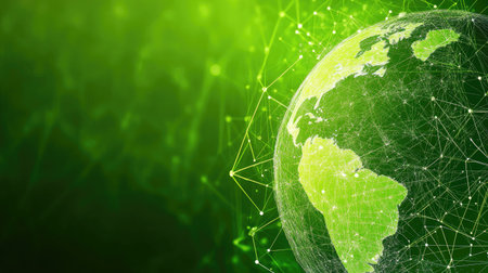 A vibrant green earth globe surrounded by dynamic network lines, symbolizing global connectivity and technology. Ideal for environmental and digital themes.の素材