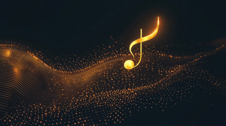 A captivating golden music note shines amidst a shimmering wave of particles, creating a mesmerizing visual representation of sound and creativity. Perfect for music-themed projects.の素材