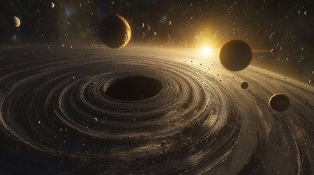 Experience a stunning visual of a black hole surrounded by planets, capturing the awe of cosmic phenomena and the vastness of the universe.の素材