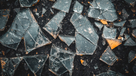 Close-up image of shattered glass fragments scattered on a dark surface, showcasing sharp edges and reflective surfaces. An intriguing abstract composition highlighting textures and light interplay.の素材