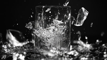 Captivating image of water splashing out of a glass, frozen in action against a black background, capturing purity and elegance in every droplet.の素材