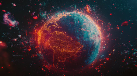 This captivating digital illustration features a stunning abstract representation of Earth with a cosmic background, illuminated by vibrant colors and intricate details.の素材