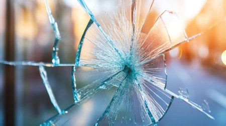 A striking close-up of broken glass showcasing intricate cracks and reflections, perfect for themes of damage, vulnerability, and urban environments.の素材