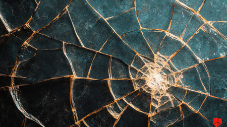 Close-up of a cracked glass surface showcasing intricate web-like patterns. The interplay of light and dark creates a dramatic texture, perfect for artistic projects.の素材