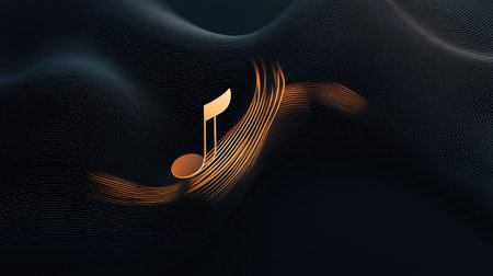 This abstract design features a flowing music note surrounded by elegant waves, perfect for representing sound, rhythm, and creativity in visual media.の素材