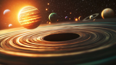 A captivating cosmic scene showcasing a majestic black hole surrounded by planets. This artistic representation evokes wonder about the mysteries of the universe.の素材