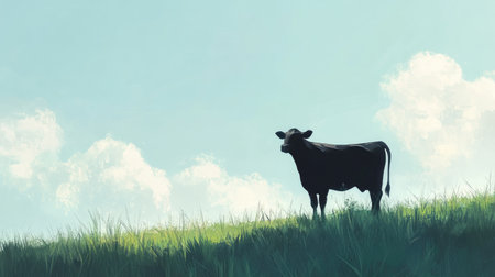 A serene silhouette of a cow stands against a tranquil sky, with lush green grass below. The peaceful setting captures the essence of rural life.の素材