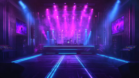 A vibrant concert stage featuring striking purple lights and modern audio equipment, creating an energetic atmosphere perfect for live performances and events.の素材