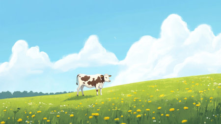 A serene cow grazes on a lush green meadow, surrounded by vibrant dandelions and a bright blue sky. Perfect capture of rural tranquility and nature.の素材