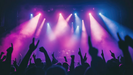 Enthusiastic crowd enjoying a vibrant concert, with dramatic stage lights creating an electrifying atmosphere. A memorable night of music and fun.の素材