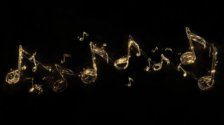 A stunning display of golden musical notes floating on a black background, creating a vibrant and artistic representation of music and rhythm. Perfect for creative projects.の素材