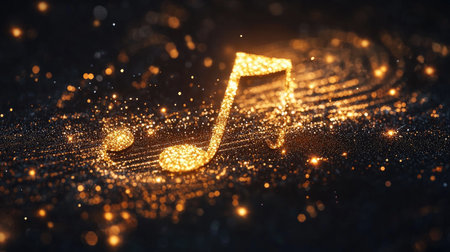 A sparkling musical note shines amidst a backdrop of glittering particles, creating a festive and imaginative atmosphere perfect for artistic and creative projects.の素材
