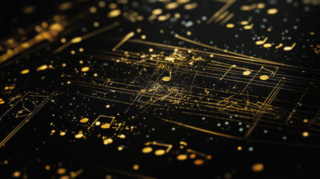This artistic design features elegant gold music notes on a dark background, creating a mesmerizing texture suitable for various creative projects.の素材