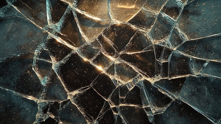 A stunning close-up of shattered glass showcasing intricate patterns and reflections of light. This dynamic imagery can enhance various design projects and backgrounds.の素材