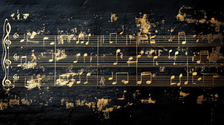 Explore a creative depiction of vintage music notes against a grunge black and gold background. Ideal for art, music, and design projects.の素材