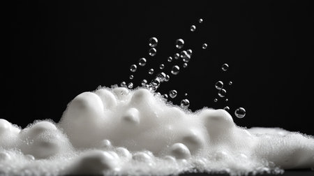 This striking image features white bubbles and foam in motion against a dark background, creating a sense of freshness, cleanliness, and beauty.の素材