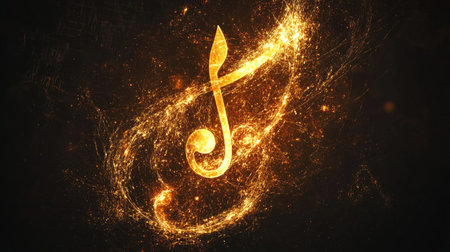 A striking golden musical note illuminated against a dark background, symbolizing creativity and rhythm, perfect for music-related themes and designs.の素材