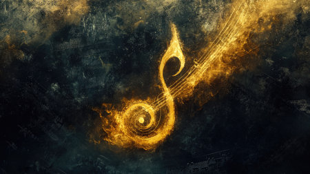 A mesmerizing golden musical note radiates energy against a dark background, symbolizing creativity and inspiration in the world of music and art.の素材