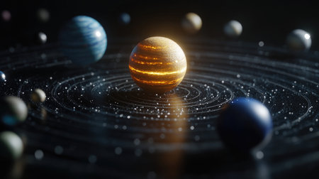 A stunning visualization of the solar system featuring a bright, glowing Jupiter at the center, surrounded by various planets, set against a dark cosmic backdrop.の素材