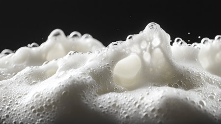 Close-up of captivating foam texture against a dark background, showcasing intricate bubbles and soft waves, perfect for abstract designs and artistic projects.の素材