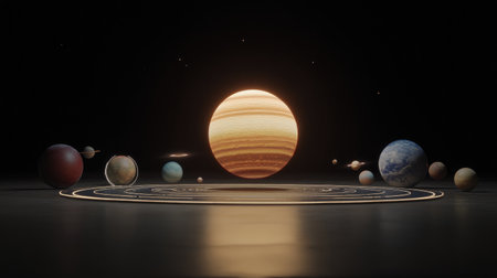 A captivating solar system model showcasing various planets, including Jupiter and Saturn, in a dark space environment. Perfect for educational projects and cosmic-themed designs.の素材