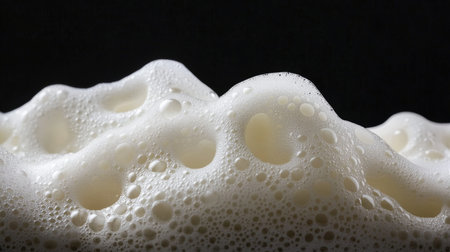 This close-up image showcases creamy foam with gentle bubbles, highlighting the textures and smooth surface. Ideal for beverage or culinary themes.の素材