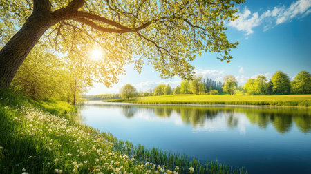 A tranquil river scene showcasing vibrant greenery and soft sunlight filtering through lush leaves, perfect for nature lovers and landscape enthusiasts.の素材