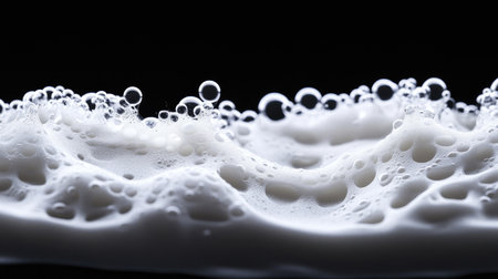 A stunning close-up of bubbles forming on a creamy foam surface against a black background, showcasing natural beauty and texture in an elegant composition.の素材