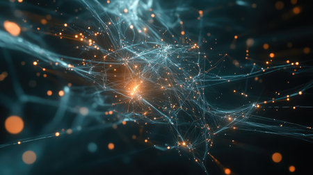A captivating abstract design featuring glowing connections and particles, creating a dynamic visual that represents technology and innovation.の素材