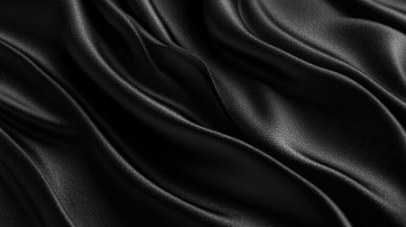 A close-up view of smooth black fabric drapery, showcasing its elegant texture and flowing waves. Ideal for backgrounds in fashion or interior design projects.の素材