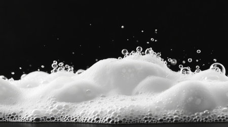A close-up of bubbles and foam against a dark backdrop, creating a striking visual. Perfect for projects related to cleanliness, freshness, and elegance.の素材