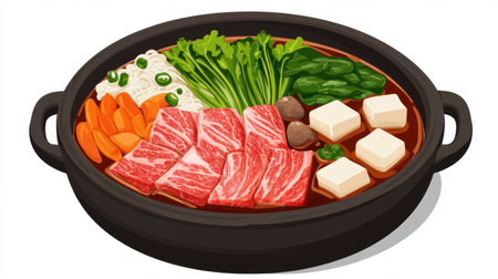 Enjoy a cozy hotpot featuring thin slices of beef and fresh vegetables simmering in flavorful broth, perfect for sharing an inviting meal with loved ones.の素材