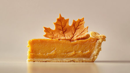 A beautifully presented slice of pumpkin pie topped with decorative maple leaves, perfect for autumn celebrations and festive gatherings.の素材