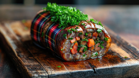 This close-up image showcases a beautifully presented haggis dish, wrapped with herbs and set on a rustic wooden board, highlighting its rich textures and flavors.の素材