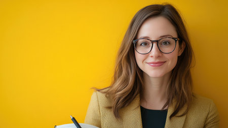 A vibrant portrait of a smiling woman holding a notebook against a bright yellow background. She exudes creativity and confidence, perfect for lifestyle and educational themes.の素材