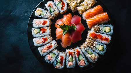 A beautifully arranged platter showcasing an assortment of uramaki rolls and fresh seafood. This gourmet presentation highlights vibrant colors and intricate details, perfect for any dining occasion.の素材