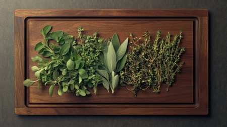 A vibrant display of fresh herbs on a wooden board, showcasing various culinary delights. Perfect for cooking enthusiasts and food photography.の素材