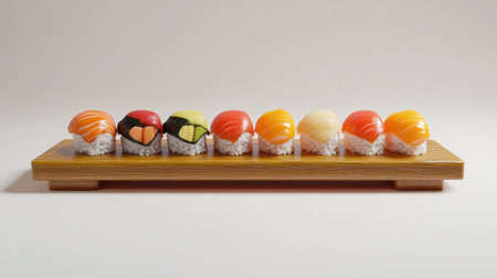 A beautifully arranged sushi platter on a wooden board showcasing vibrant colors and artistic presentation, perfect for culinary art enthusiasts.の素材