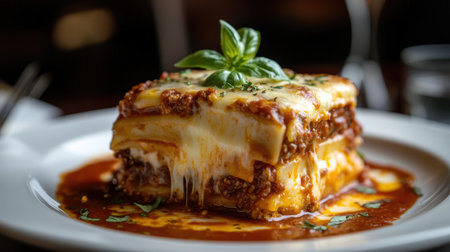 A close-up of a cheesy slice of lasagna presented on a white plate. Topped with fresh basil and rich tomato sauce, this delightful dish is a perfect representation of comfort food.の素材