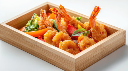 A stunning close-up of crispy deep fried shrimp presented with vibrant vegetables, capturing the essence of gourmet dining in high resolution. Perfect for food lovers.の素材