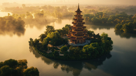 Discover the majestic Tran Quoc Pagoda in Hanoi, surrounded by peaceful waters and lush greenery, capturing the essence of Vietnam's rich cultural heritage.の素材