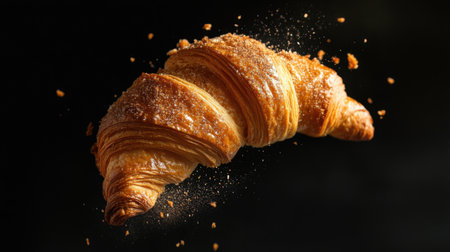 This captivating image features a golden croissant floating with crumbs bursting around it, highlighting its flaky texture and inviting warmth, perfect for food lovers.の素材