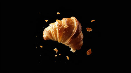 A freshly baked croissant falling elegantly from above, showcasing its flaky, golden layers. This image captures the allure of gourmet pastries in a striking black backdrop.の素材