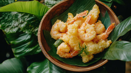 Indulge in this crispy golden brown fried shrimp served in a rustic bowl, beautifully presented with tropical leaves, ideal for any seafood lover.の素材