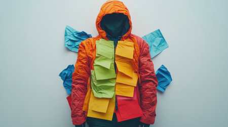 A vibrant display of colorful sticky notes arranged on a jacket, showcasing creative expression and playful fashion. Perfect for art and design inspiration.の素材