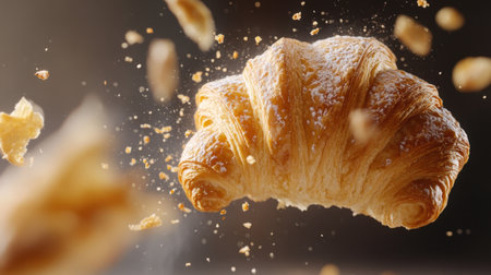 A close-up shot of a croissant breaking into flaky pieces, showcasing its golden layers and crispy texture. Perfect for food photography and culinary inspiration.の素材
