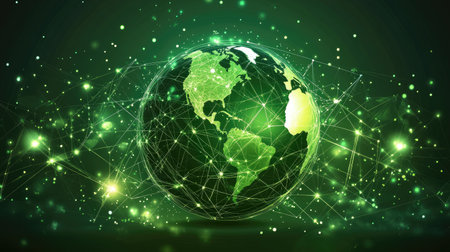 A vibrant illustration of a green globe connected by luminous lines and dots, symbolizing technology and global connections in a digital age.の素材