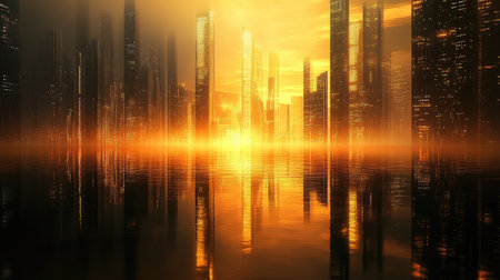 A mesmerizing cityscape at sunset, featuring towering skyscrapers reflecting golden hues on the tranquil water, creating a serene and dreamlike atmosphere.の素材