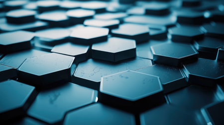 A visually stunning close-up of a modern hexagonal pattern in vibrant blue tones, showcasing a sleek and glossy surface ideal for digital design projects.の素材