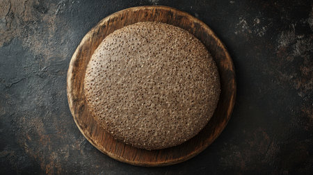 This image features a fresh, dark round buckwheat bread resting on a wooden board, showcasing its unique texture and wholesome appearance, perfect for various culinary uses.の素材